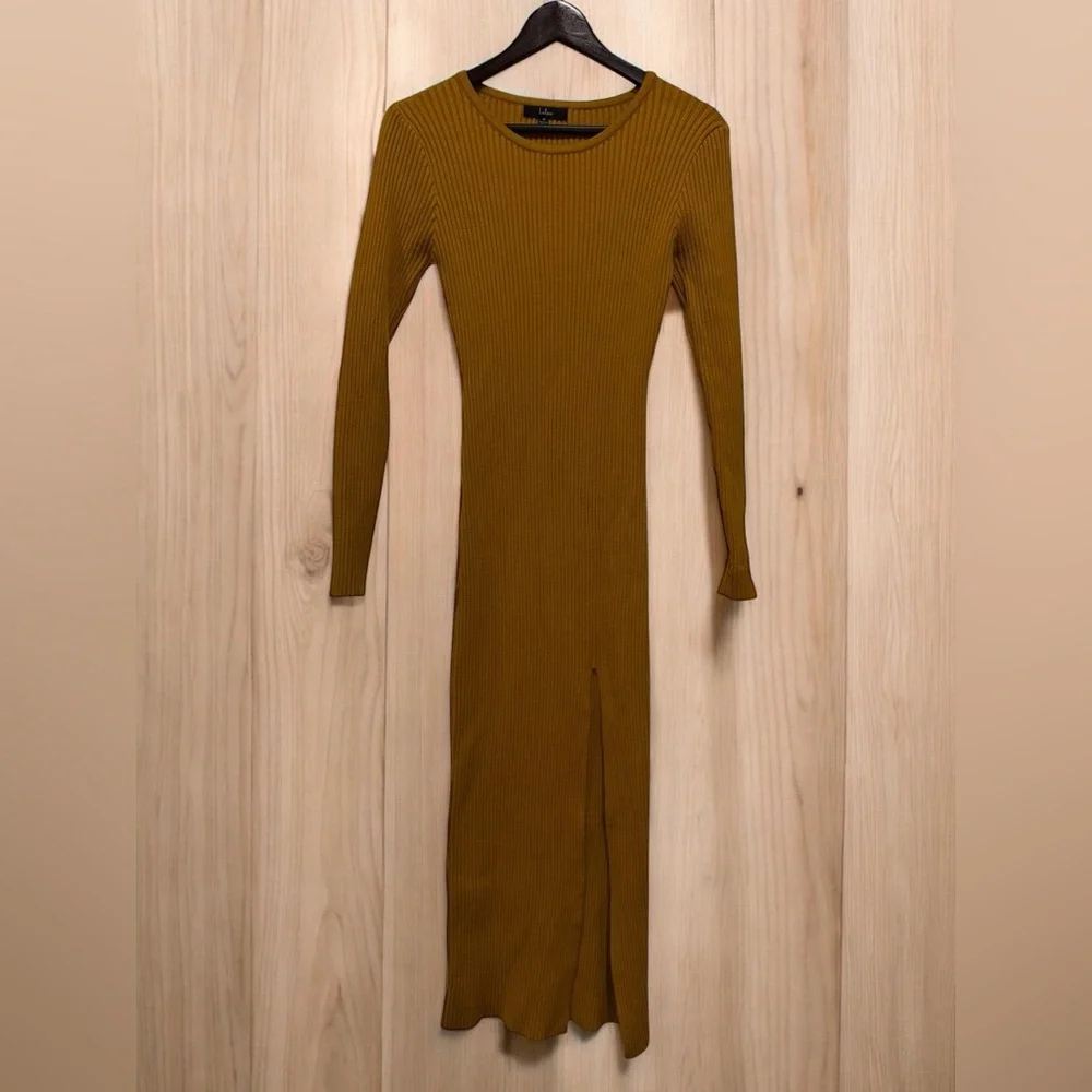 mustard ribbed dress Ruched Ribbed Scoop Neck, Off Duty Maxi Dress in Mustard, Size M, For Everyday